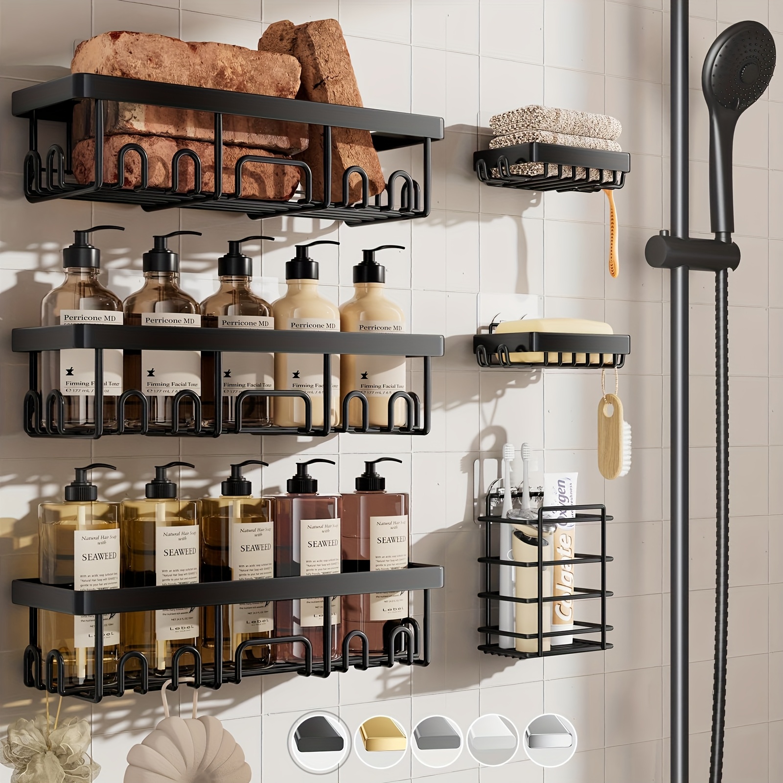 TEMU 6pcs Wall Mounted Bathroom Storage Rack, Bathroom Hanging Shelf, Soap Holder For Shower Wall, Bathroom Caddy Organizer, Shower Caddy Basket,
