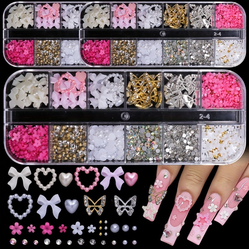 

95pcs 3d Nail Charms And Gemstone Set 20pcs Butterfly Charms + Nail Bow And Heart Charms + 3d Flower Nails With Rhinestone, Pearl, Diamond Y2k Nail Decoration Women Nail Manicure Supplies