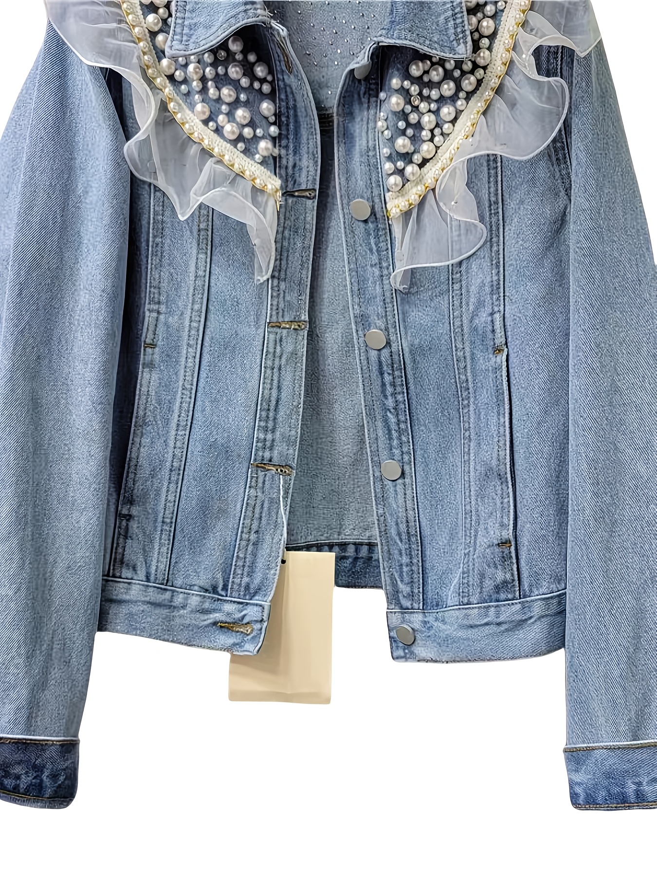 Denim Fabric Pearl Embellished Jean Jacket Womens Pearl Beaded