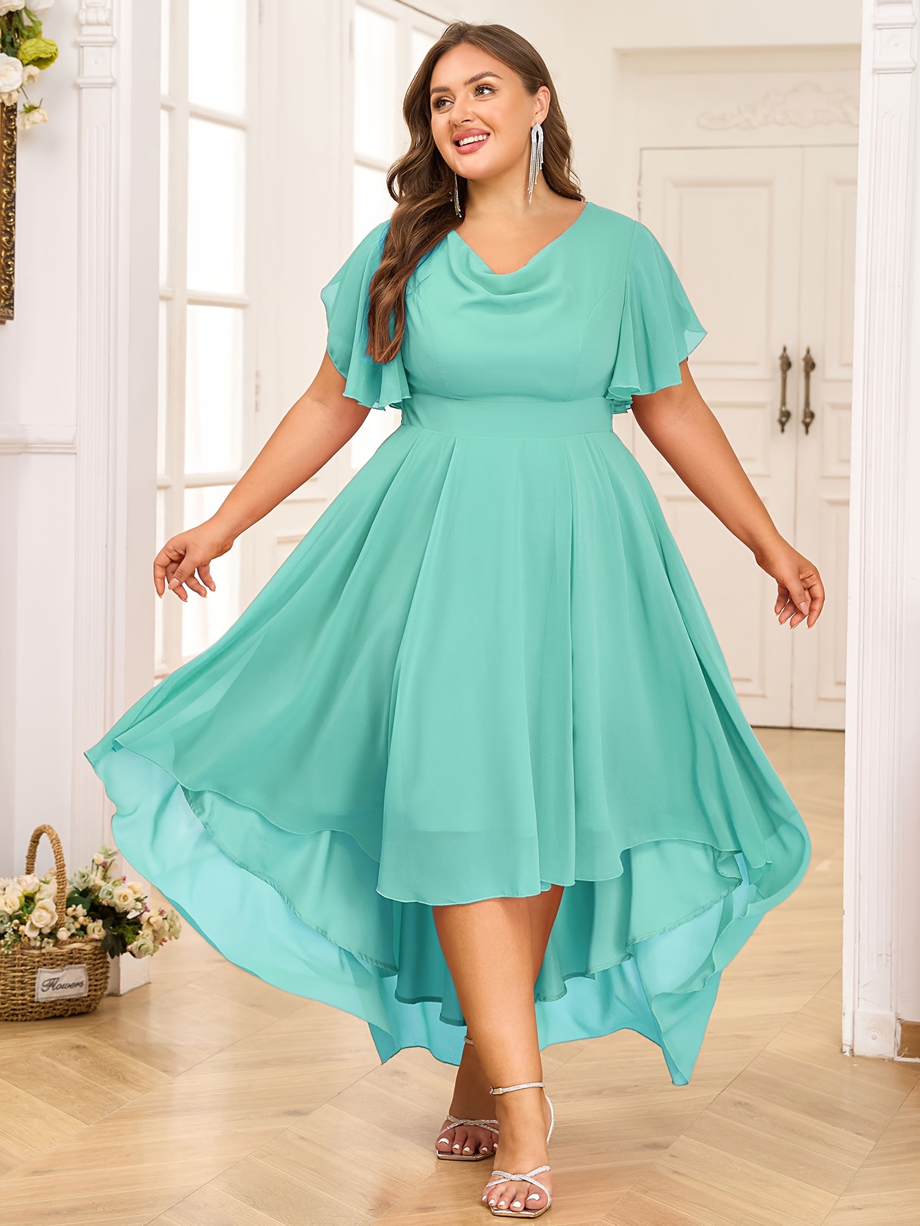 Plus Size Swing Dress Plus Size] Dark Green 1950s V-Neck Solid