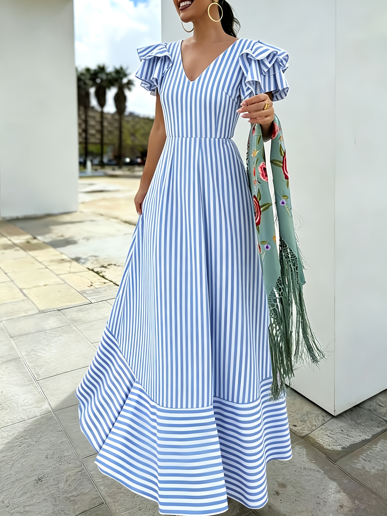 blue dress in spanish womens spring summer elegant white striped v neck long material:Flannel Color:satin color Tiered Balloon Sleeve Midi Enveloped in radiant sequins