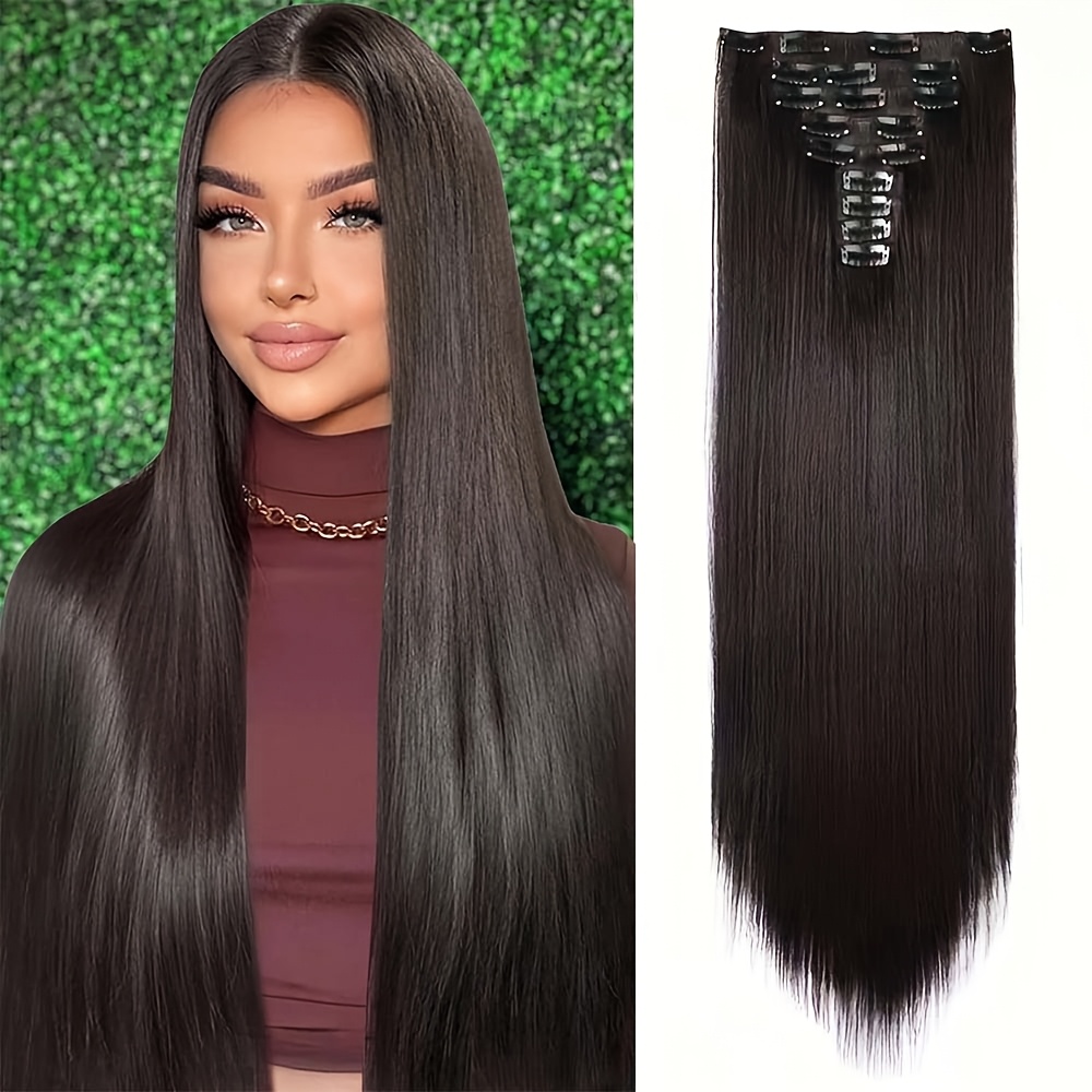 TEMU 9pcs Straight Clip-in Hair Extensions, Soft And Thick, 24 Inches Long, In Black Additions Halloween, Daily Wear, Everyday Hair Accessory |