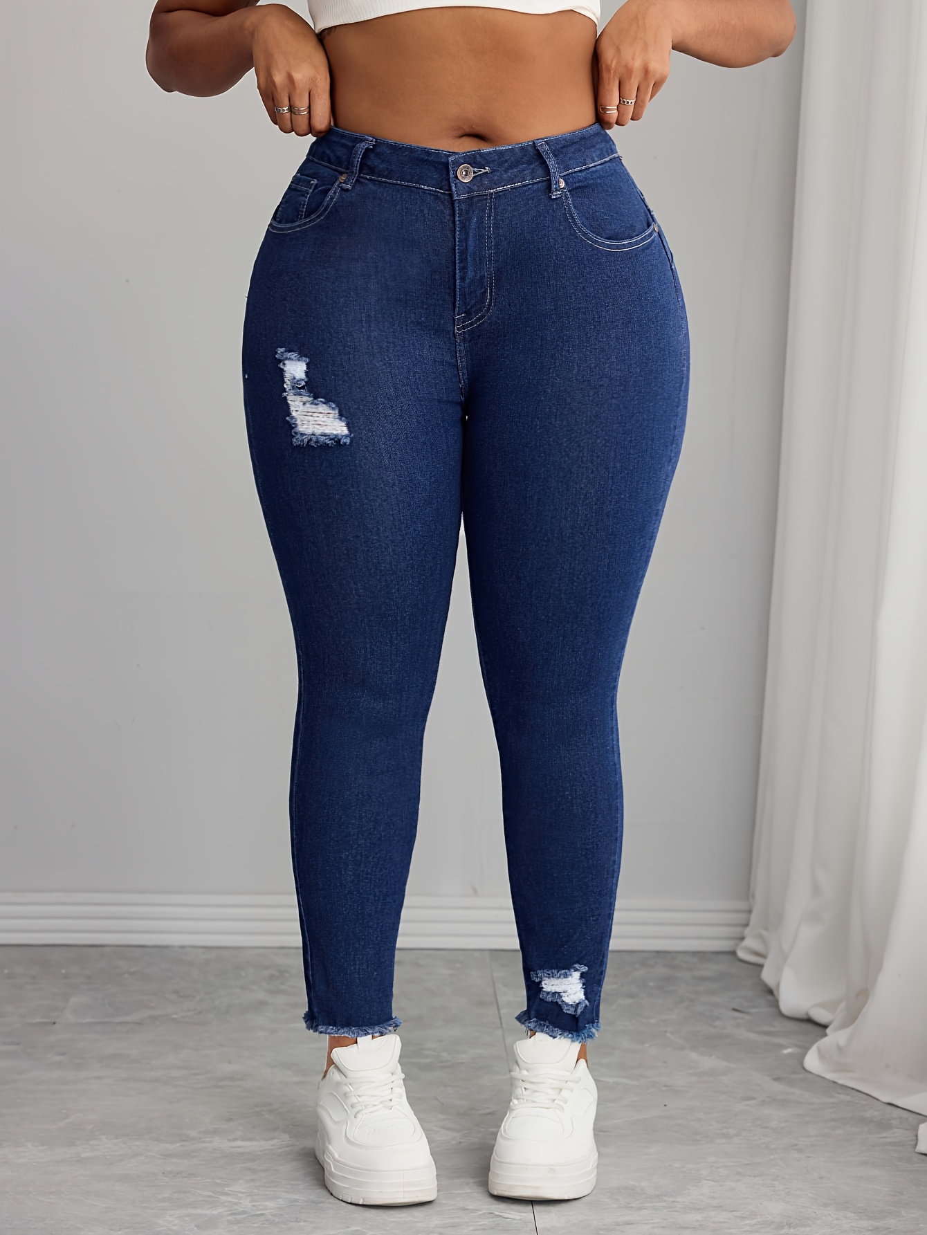 Women's High-Waisted Dark Blue Distressed Skinny Jeans Denim Pants for  Dates, Daily Wear, and Work, Hole, Denim, Street Style