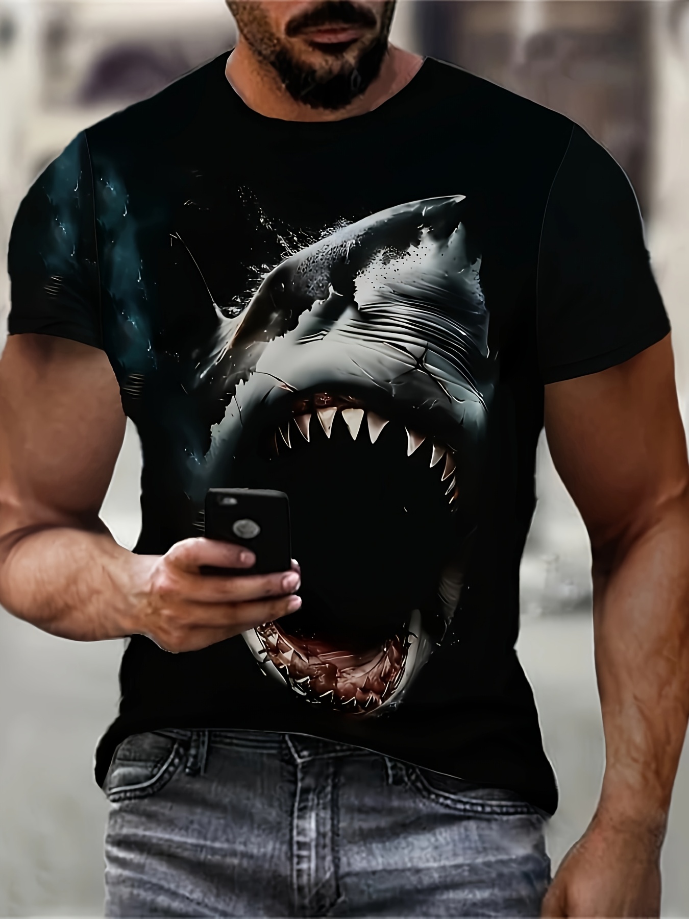mens 3d shark print t shirt casual crew neck short sleeve tee summer outdoor knit fabric top regular fit polyester 95 spandex 5 high definition graphic tees for adults