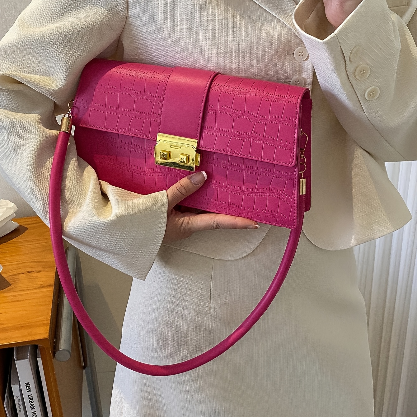 Crocodile-embossed Solid -opening Single Shoulder Bag, Square Bag, Crossbody Bag, Handbag