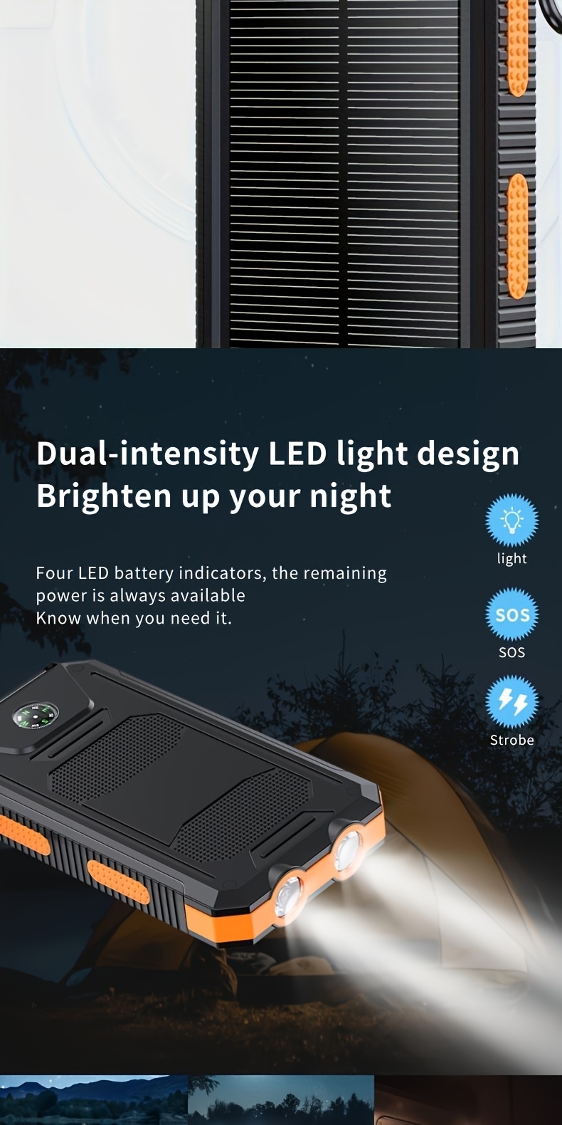 10000mah 5v2a fast charging multifunctional solar panel power bank with   led light large capacity rechargeable portable mobile phone charger dual flashlights dual usb port outdoor travel battery packs for iphone   smartphone Product details 5