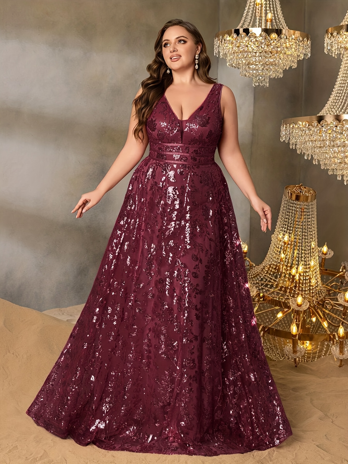 plus size red sequin dresses Maxi Dress - Long Sleeve conscious silhouette Plus-Size Sparkly Long A-Line Prom