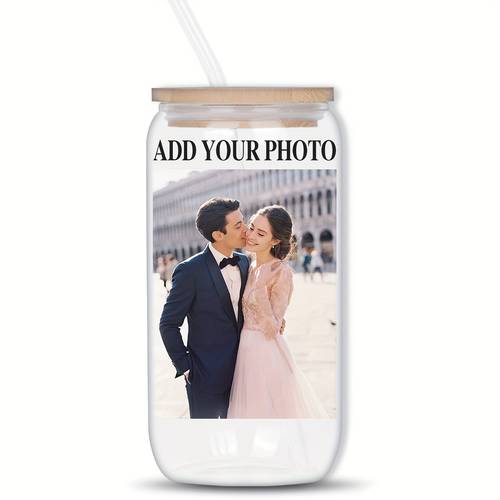 1pc personalized 16oz glass tumbler with bamboo lid and straw custom photo mason jar cup reusable bpa free machine washable ideal for christmas thanksgiving valentines fathers mothers day gifts holiday gift item stylish mason jar bpafree glass