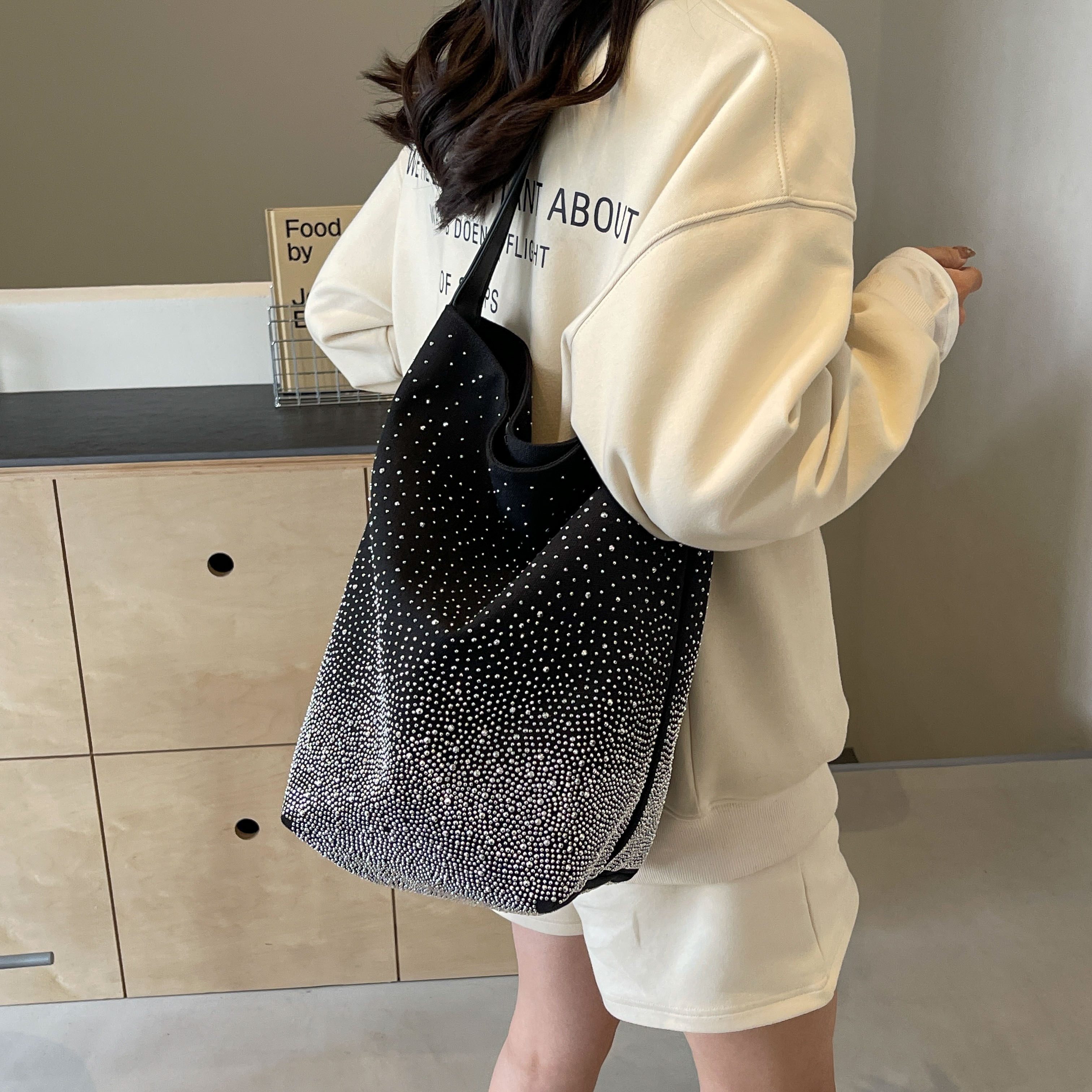 

Fashion Glitter Rhinestone Shoulder Bag, Women's Large Capacity Bucket Bag, Gradient Color Shiny Handbag