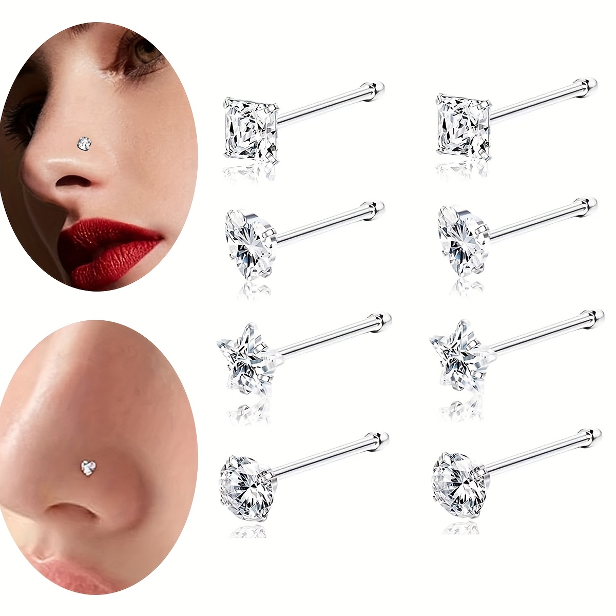 

8pcs Fashion Nose Rings Set, 20g Hypoallergenic Stainless Steel, Synthetic Cubic Zirconia, Round & , Non-magnetic, For Women, Christmas, Thanksgiving, Valentine's Day