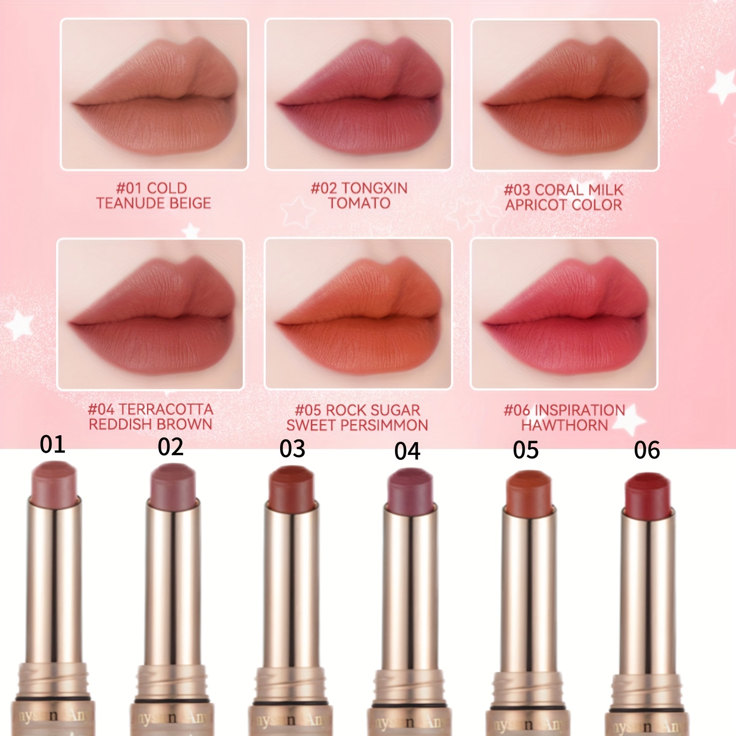 Set Of 6 Golden Lipsticks, Matte Christmas Star Lipstick, Waterproof, Long-lasting, Non-sticky Formula, Easy Application, Compatible With For Tones Formula For A Shiny End, Creamy Lipstick, Ideal Gift