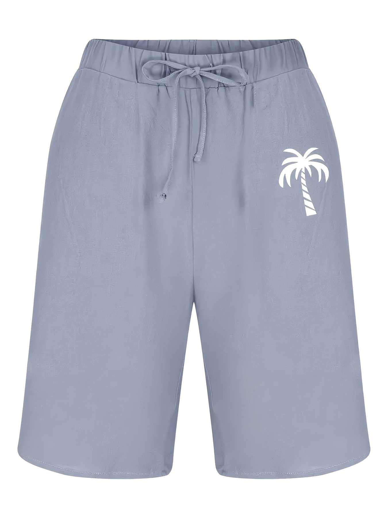 Men'S Cotton Shorts with Drawstring, Casual Palm Tree Print, All-Season, Non-Stretch Woven Fabric, Button Detail, Regular Fit, 110Gsm - Summer Beachwear, Plus Size