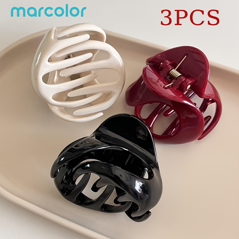 TEMU Marcolor 3pcs Glossy Hollow Wavy Hair Clips, 3pcs Jaw Clip Set In Cream White, Wine Red And Black Daily Styling Needs