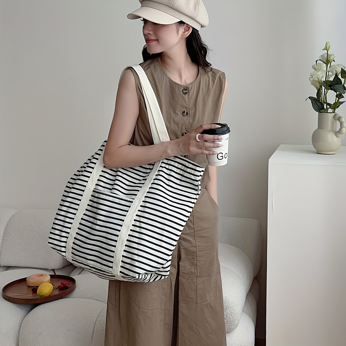 TEMU Large Capacity Canvas Bag, Perfect For Weekend , A Shoulder Bag For Commuting Moms, Suitable For Supermarket Shopping, Sturdy, Durable, And