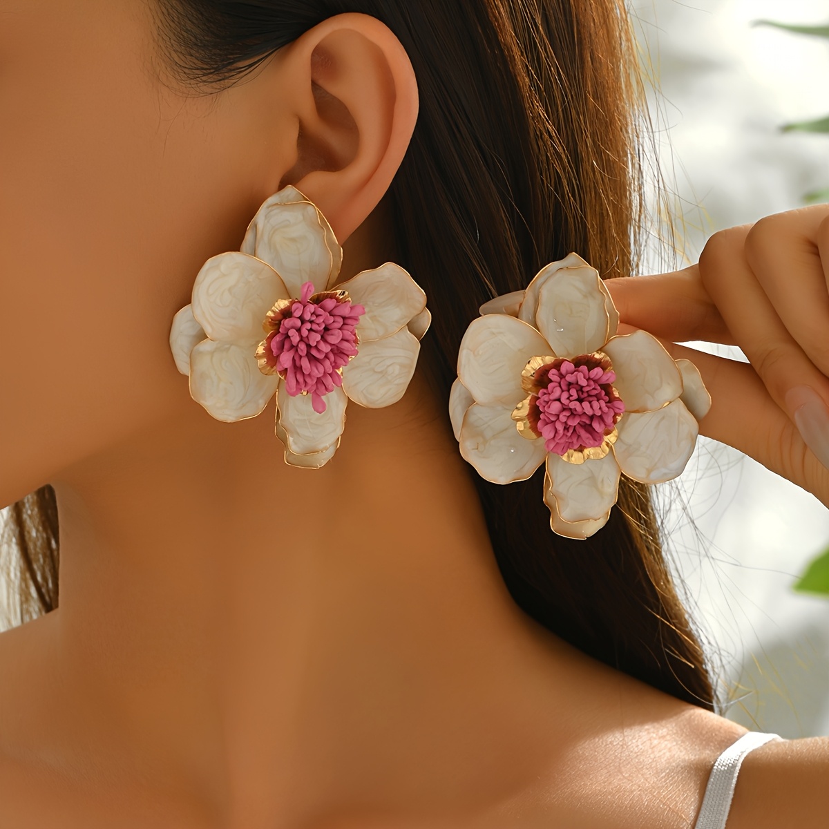 TEMU 1 Pair Bohemian Retro Enamel Oversized Flower Earrings, Fashionable Temperament Elegant Individual Exaggerated Niche All- Floral Earrings