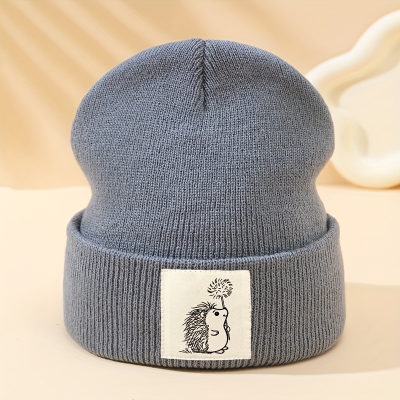TEMU A Stylish Fabric-labeled Hedgehog Knit Hat, Unisex For Autumn And Winter, Holiday Party Hip-hop Beanie, Outdoor Casual Pullover Cap, Men's