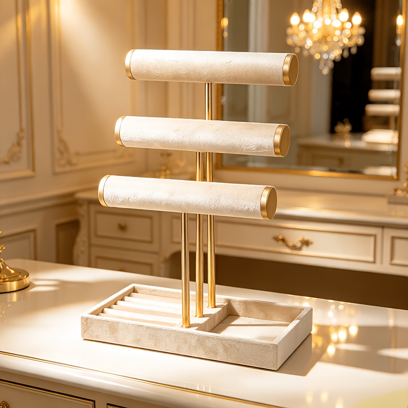 TEMU Jewelry Display And Storage Rack. In Black And Golden, And White And Golden Color Schemes. Multi-tier Design For Display Of Necklaces And