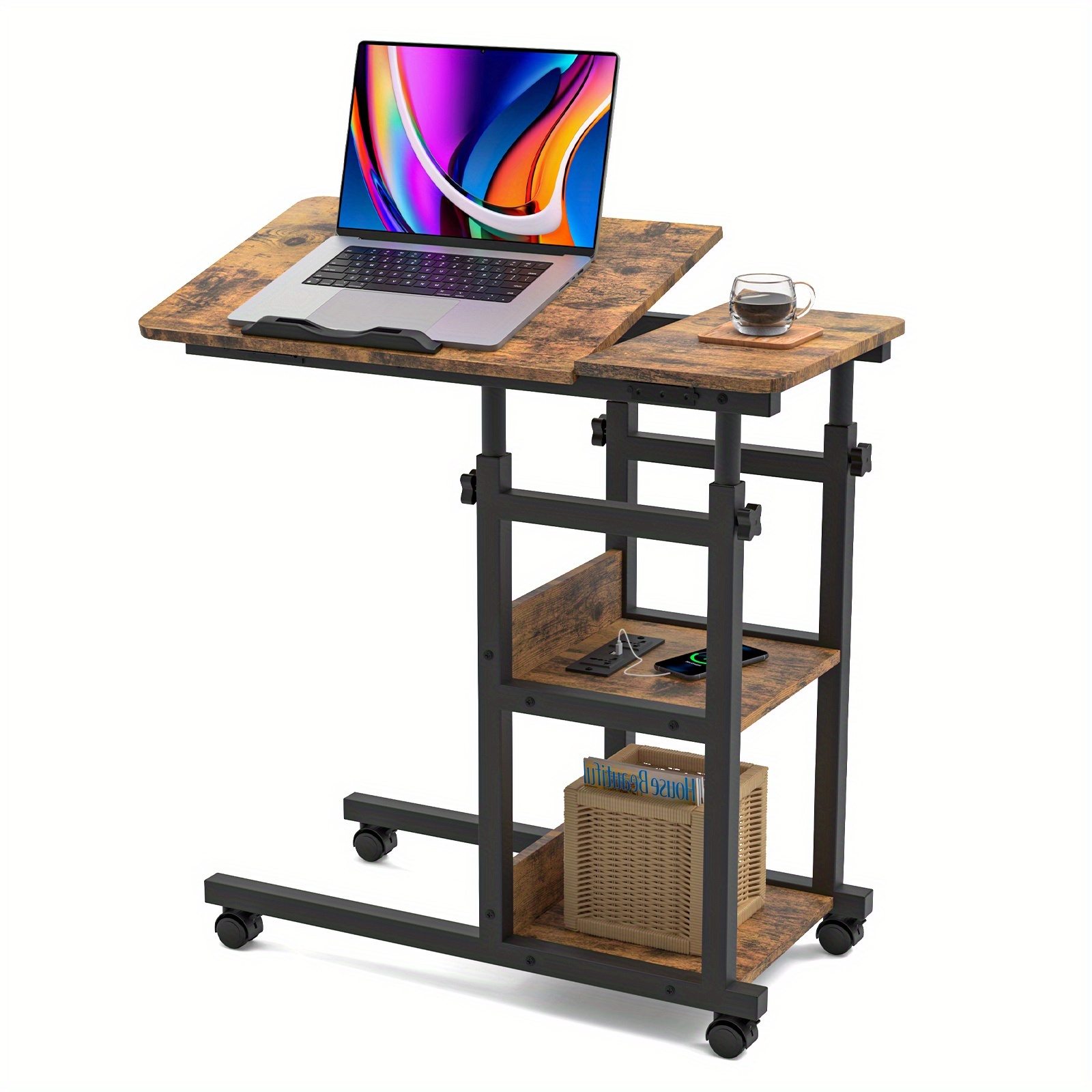 80cm X 40cm Rolling Sofa Bed Table, Side Table With Locking Wheels, Laptop Bed Table, Height Adjustable From 64 To 95cm