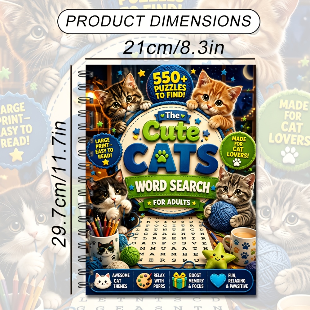 TEMU Large Print Cat Book Suitable For Adults - 550+ Pages Spiral Bound Activity Book With Kitten Puzzles, For & Relax, Gift For Cat Lovers, Seniors,