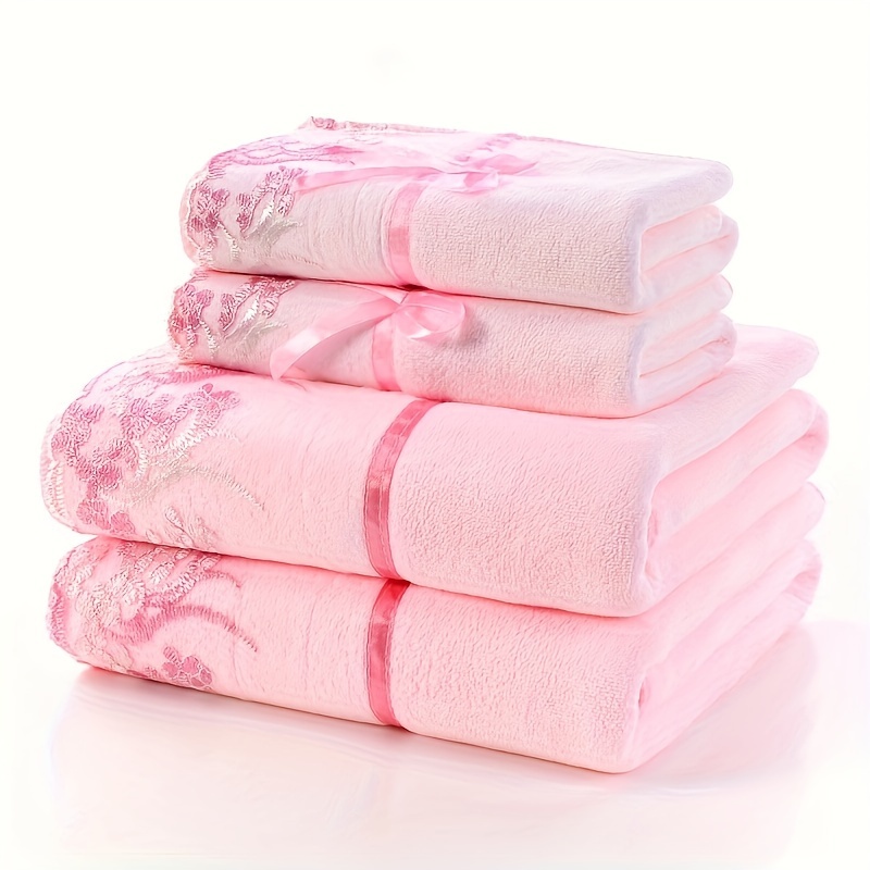 

4pcs Lace Embroidery Towel Set, Household Microfiber Towel, Soft Hand Towel Bath Towel, Bath Linen Absorbent Towels For Bathroom - 2 Bath Towel And 2 Hand Towel, Bathroom Supplies