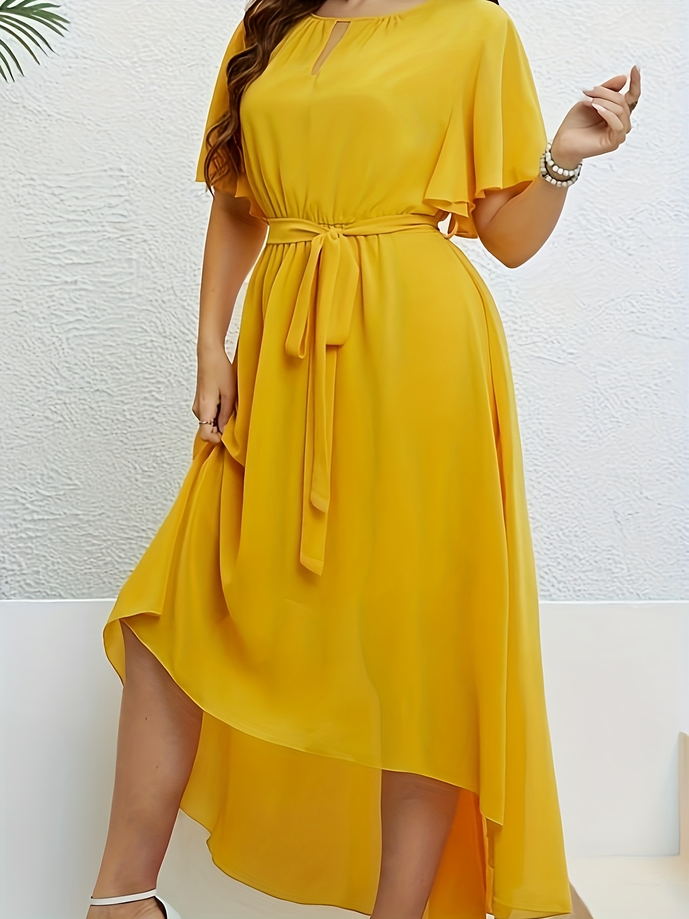 Yellow Asymmetrical Hem Wrap Dress for Women * Waist Belted Flowy *