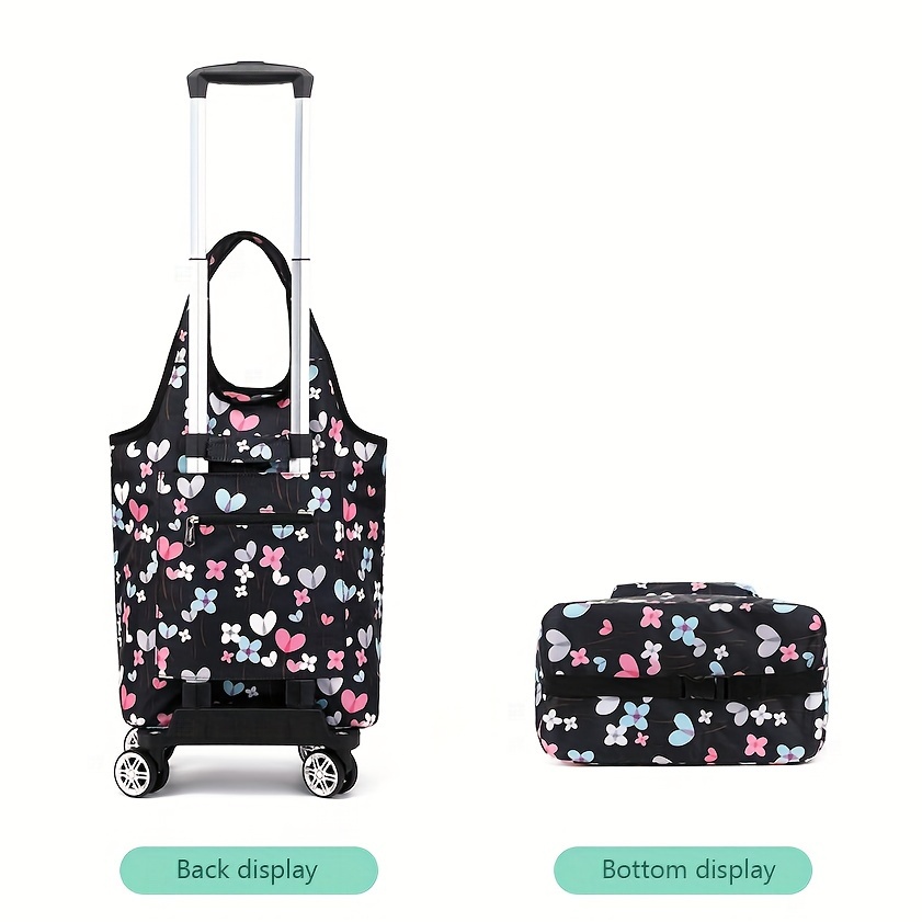 1pc Elegant Heart & Floral Pattern Foldable Shopping Cart with Telescopic Aluminum Handle – Portable 4-Wheel Rolling Grocery & Camping Cart, Black with Blue & Pink Hearts, Hand Wash Only, Travel Storage Cart | Elegant Pattern Design | Durable Fabric Cart