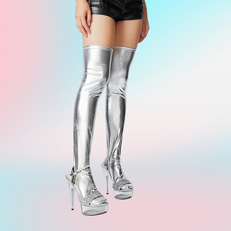 TEMU 1 Pair Of Dark Gothic Style Silvery Over-the-knee Stockings