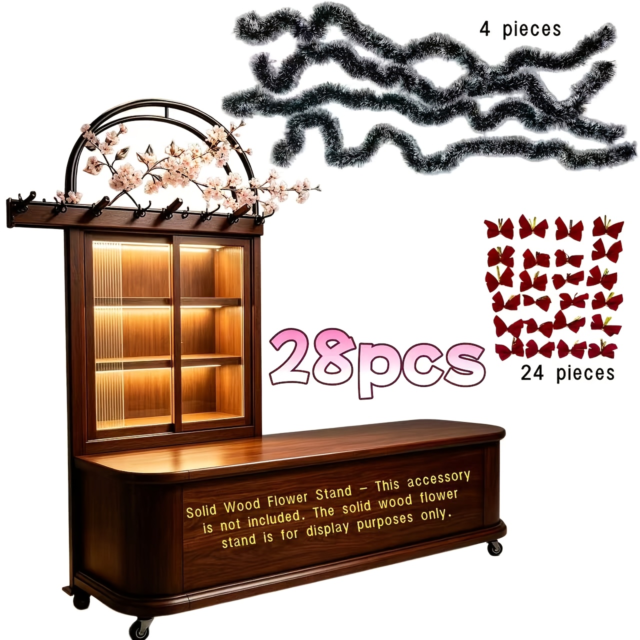 TEMU 28pcs Set, Includes -long Dark Green Christmas Vine Decorations With White Edges And 24 Exquisite Red Bows. Made Of High- Material For Free