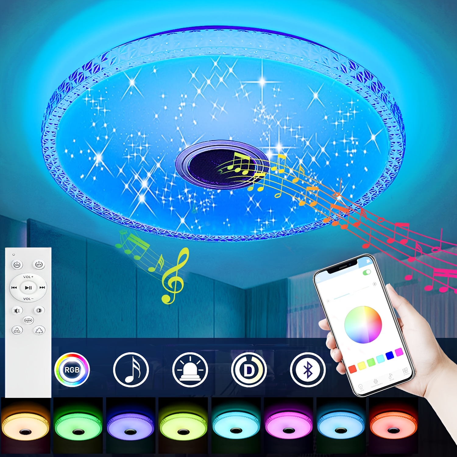LED stropna svetilka z brezžičnim zvočnikom, 40 cm RGB zvezdnato stropna svetilka, RGB spreminjanje barv, zatemnitev preko daljinskega