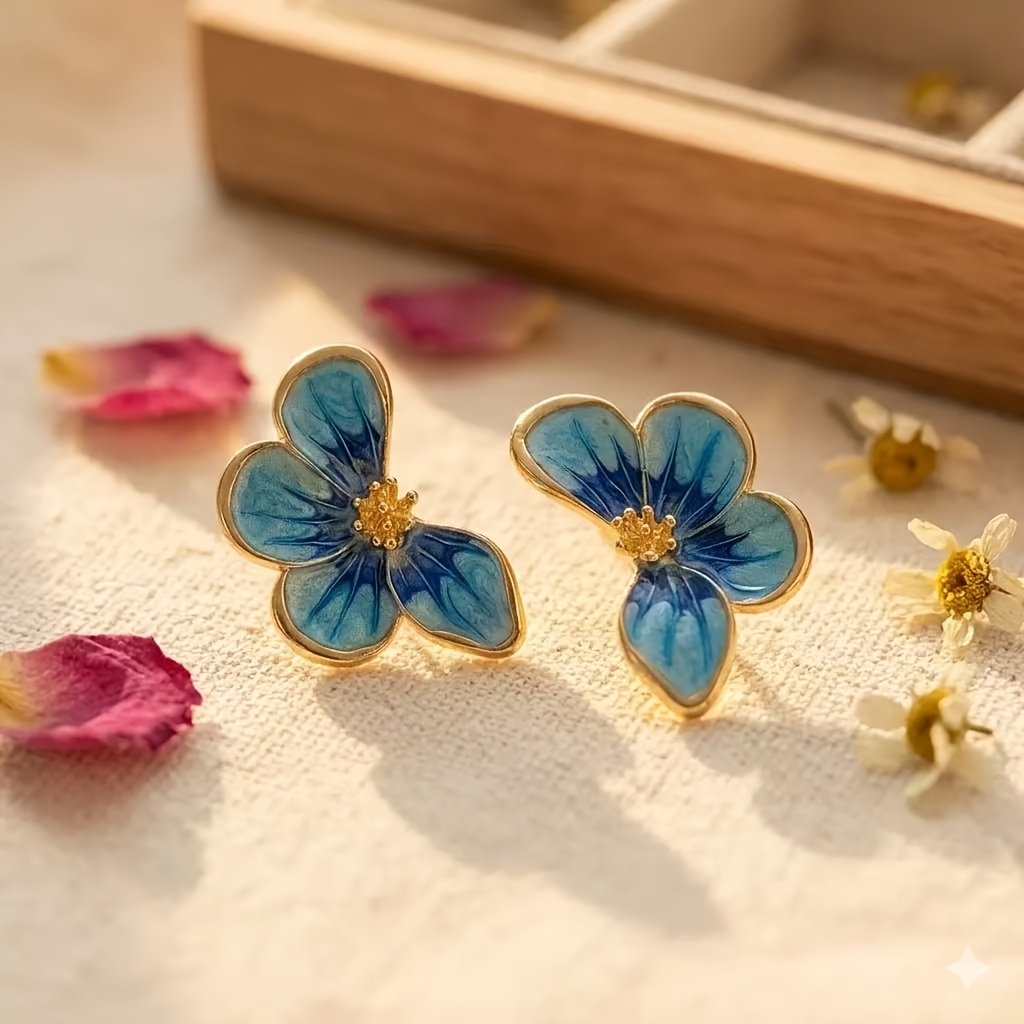 Women's Vintage Blue Enamel Flower Stud Earrings, Elegant Design