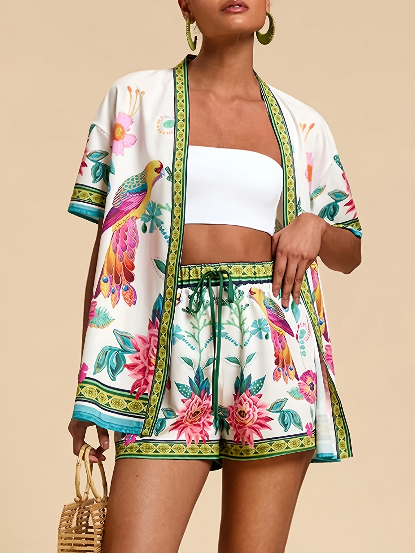yy0126814 2pcs tropical print short sleeve top and shorts set