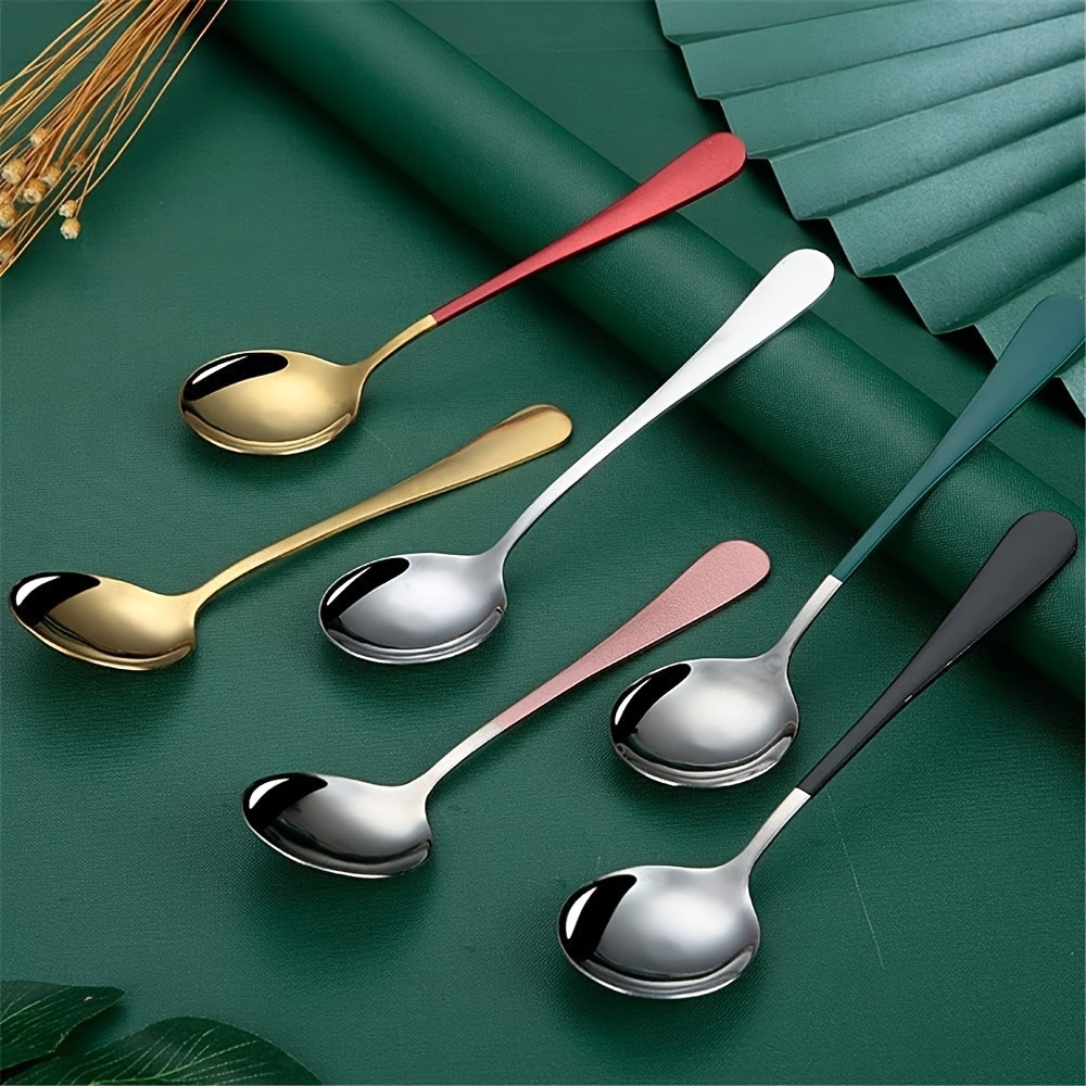 6pcs set of stainless steel long handle spoons   coffee desserts more   in black green   details 1