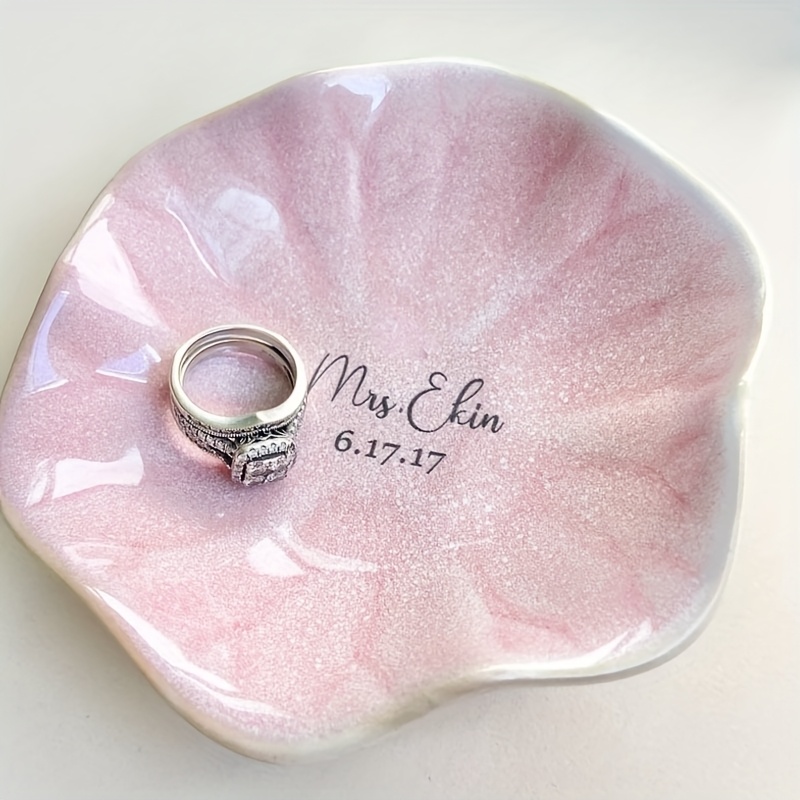 TEMU Plateau à Bijoux en Céramique Personnalisé Gravé au Laser - Nom/Date/ pour d'/Mariée, Plat de Mariage Floral avec Porte-Bague, Organisateur de