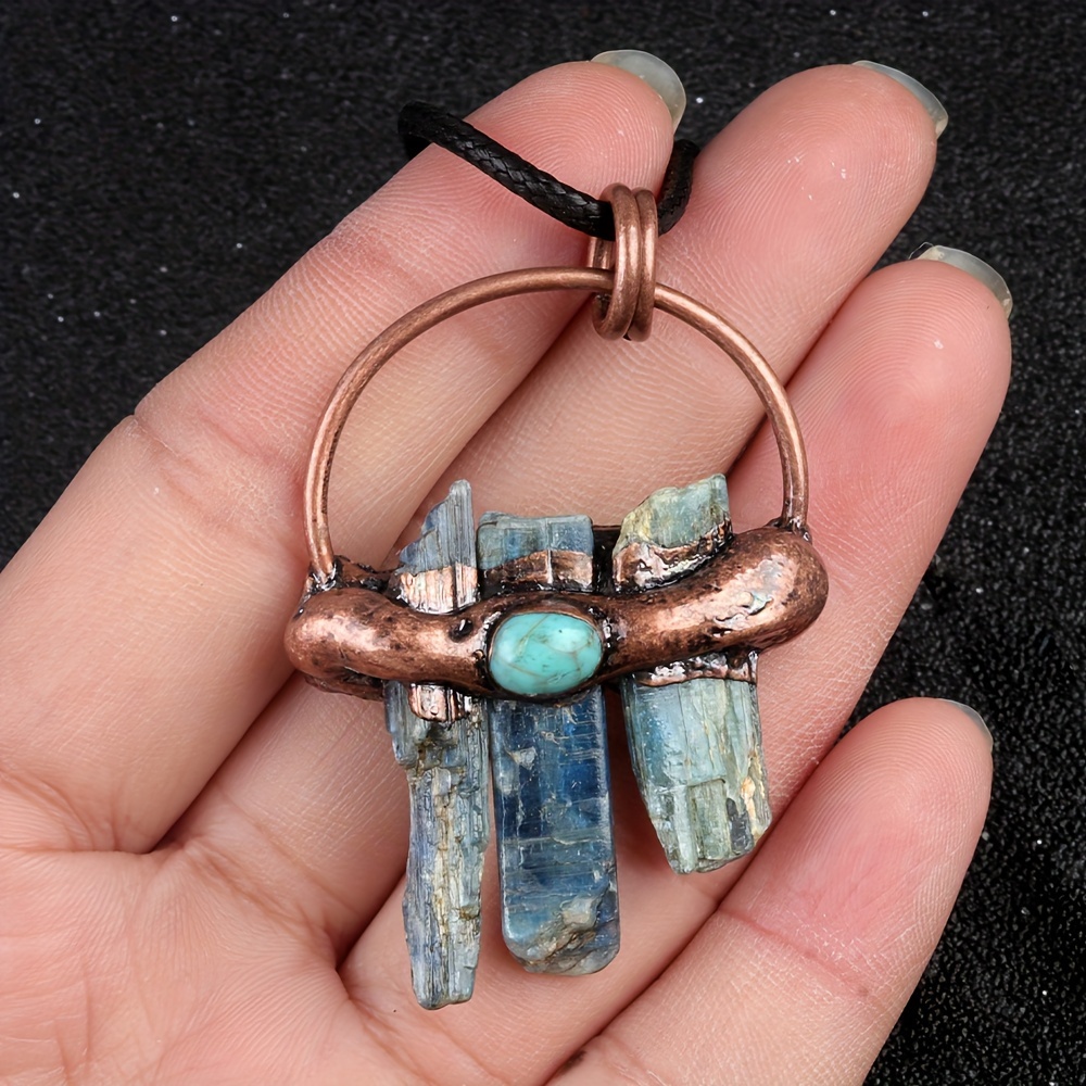

1pc Vintage Blue Crystal Pendant Necklace - Unique Triple Stone Design For Men & Women, Wellness Accessory