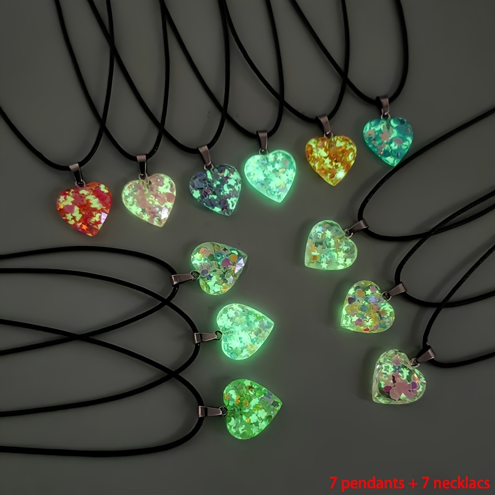 TEMU 14pcs Resin Luminous Sequined Heart Pendant Necklace Set, Bulk Multicolor Luminous Resin Heart Charms With Adjustable Necklace Cords And Storage