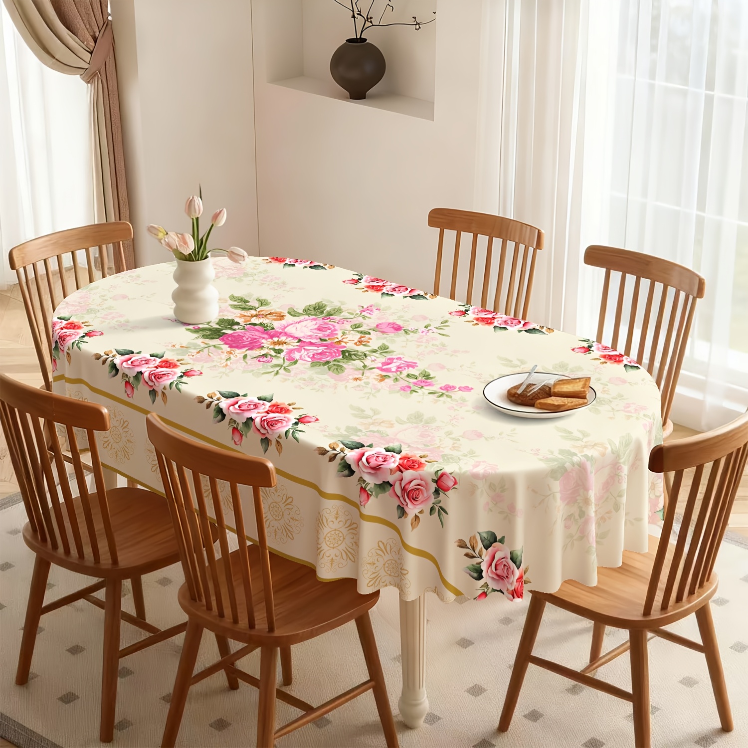 TEMU 1pc, Vintage Floral Golden Texture Tablecloth, Spring Rose Flower Table Decor, Rectangular/round/oval Table Cloth, Suitable For Indoor Outdoor