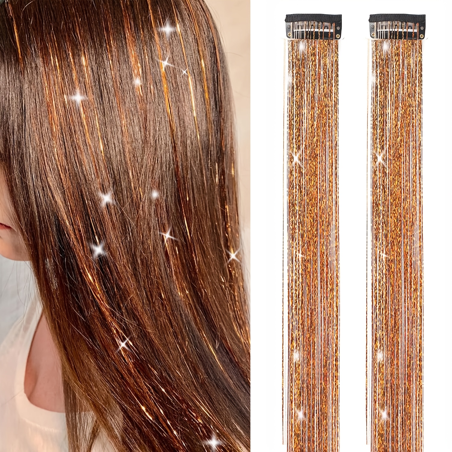 TEMU Tinsel à pour cheveux, lot de 2 pièces, extensions de cheveux tinsel à paillettes de 24 pouces, tinsel de festival, extensions de cheveux, kit
