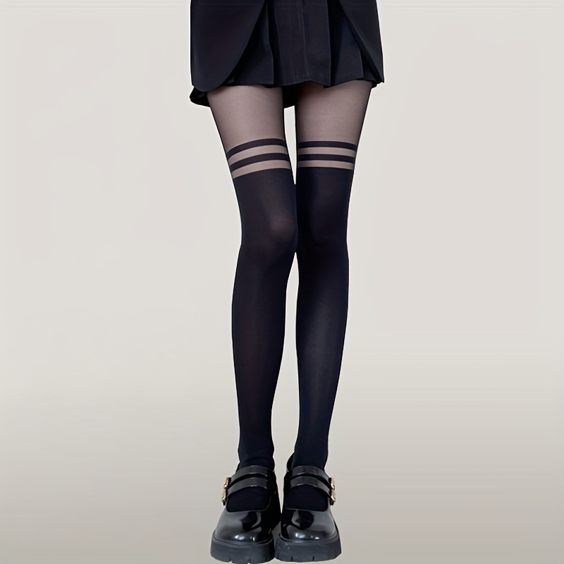 

Collants Chic à Rayures Noires au-dessus du Genou pour Femmes - Mélange de Nylon et Élasthanne, Détail Transparent, Tissu Tricoté, , Couture