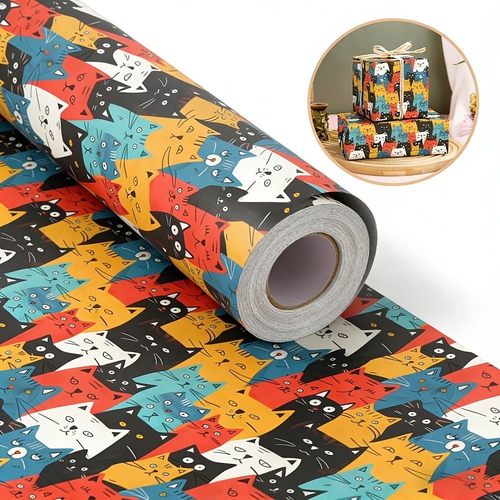 TEMU Rouleau de grand format à motif de chat coloré, 43x500cm - Papier d'emballage cadeau à motif de chat de dessin animé , convient aux amoureux des