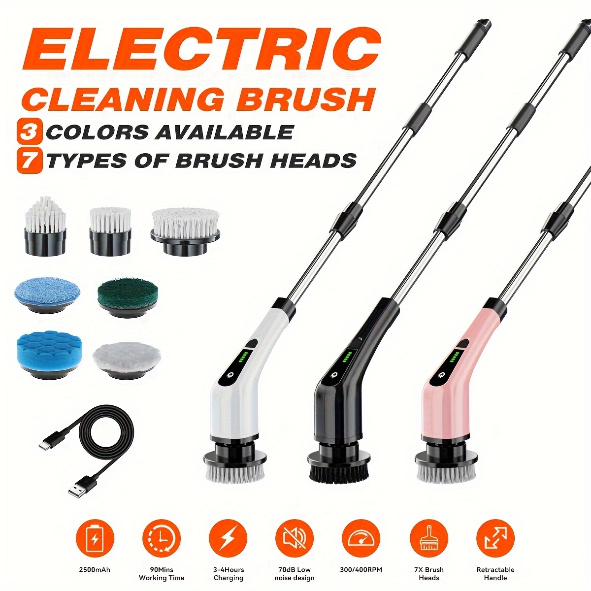 

2024 Electric Rotary Scrubber, Dual Adjustable Cordless Electric Scrubber For Cleaning, Adjustable And Removable Handle Shower Scrubber With 7 Replaceable Brush Heads For Floor, Bathroom, Tub, Tile