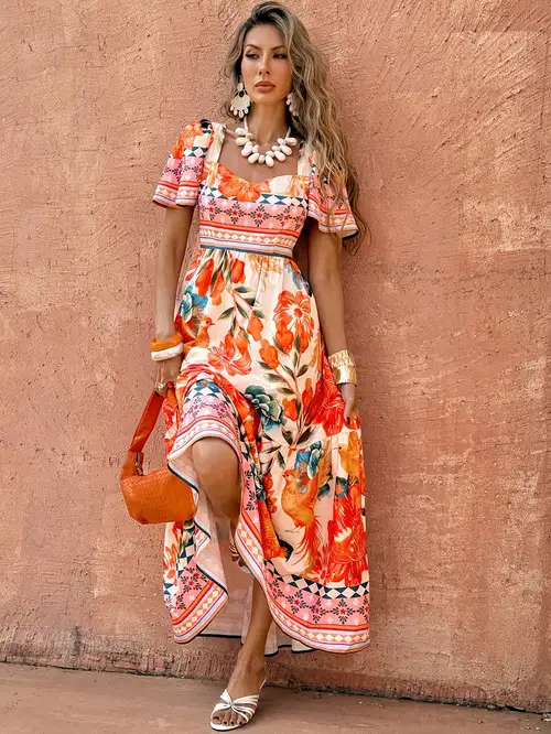 casual tropical dresses Beal Tropical Chaya Smocked Maxi Dress GREEN-ORANGE-MULTI / S by Sugarlips