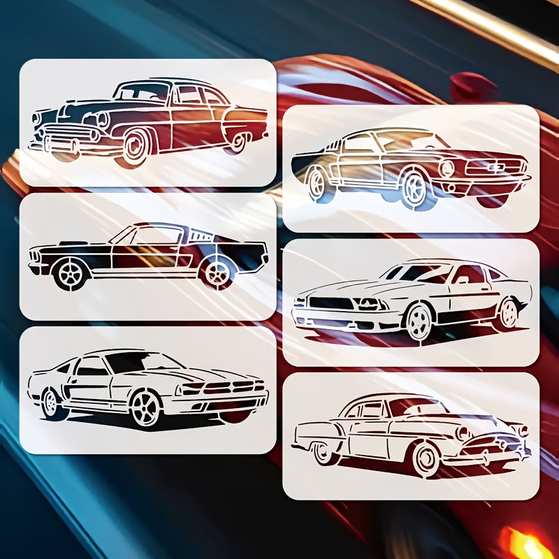 E-shop 6-teiliges Sportwagen-Schablonenset, 30,0*15,0cm, Malvorlage für klassische Fahrzeuge, geeignet für Leinwand, Stoff, Wände Möbel