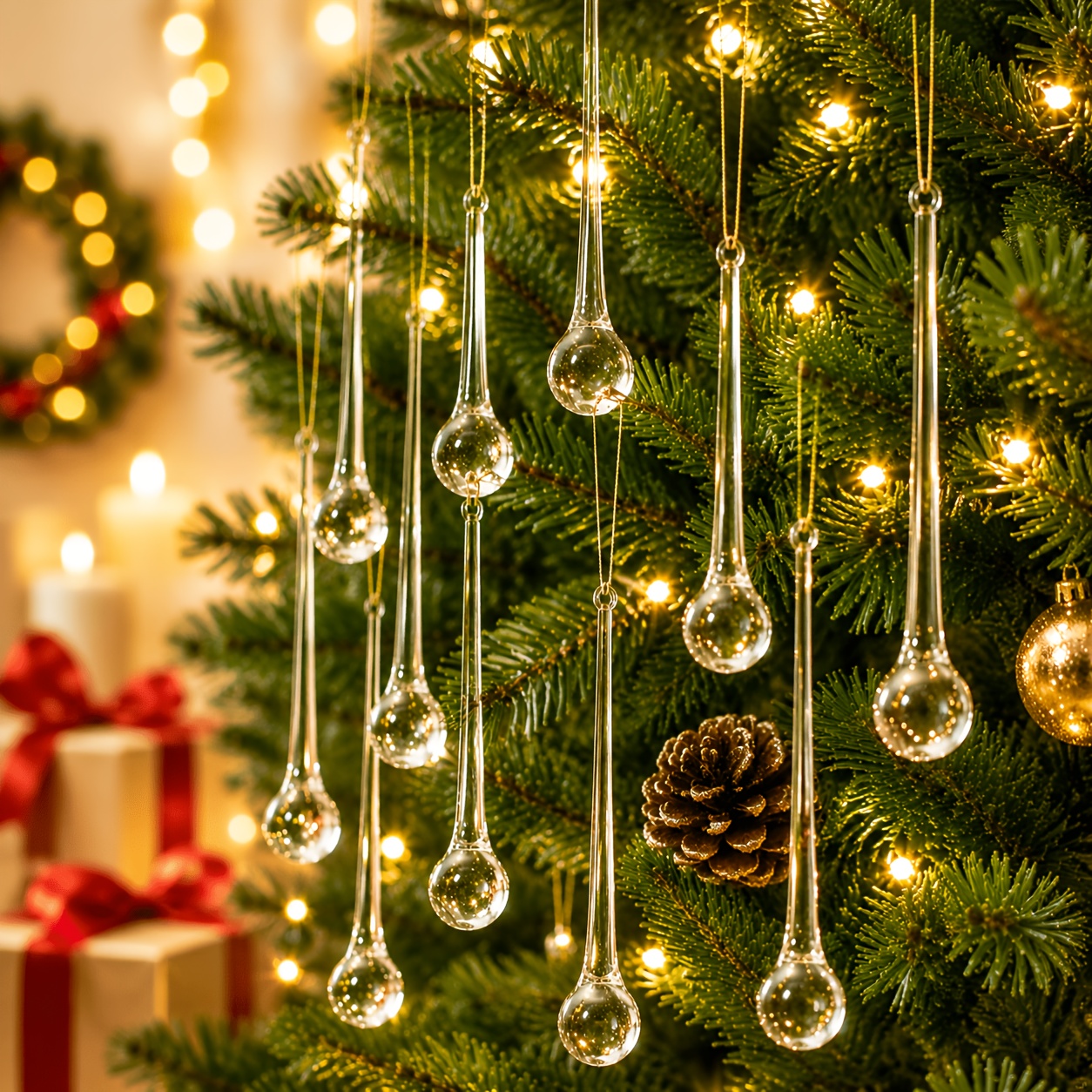 TEMU 24pcs, Ornements de Noël Goutte de Pluie Aléatoires Cristal Ornements Suspendus Transparent Décorations de Pendentif pour Arbre de Noël
