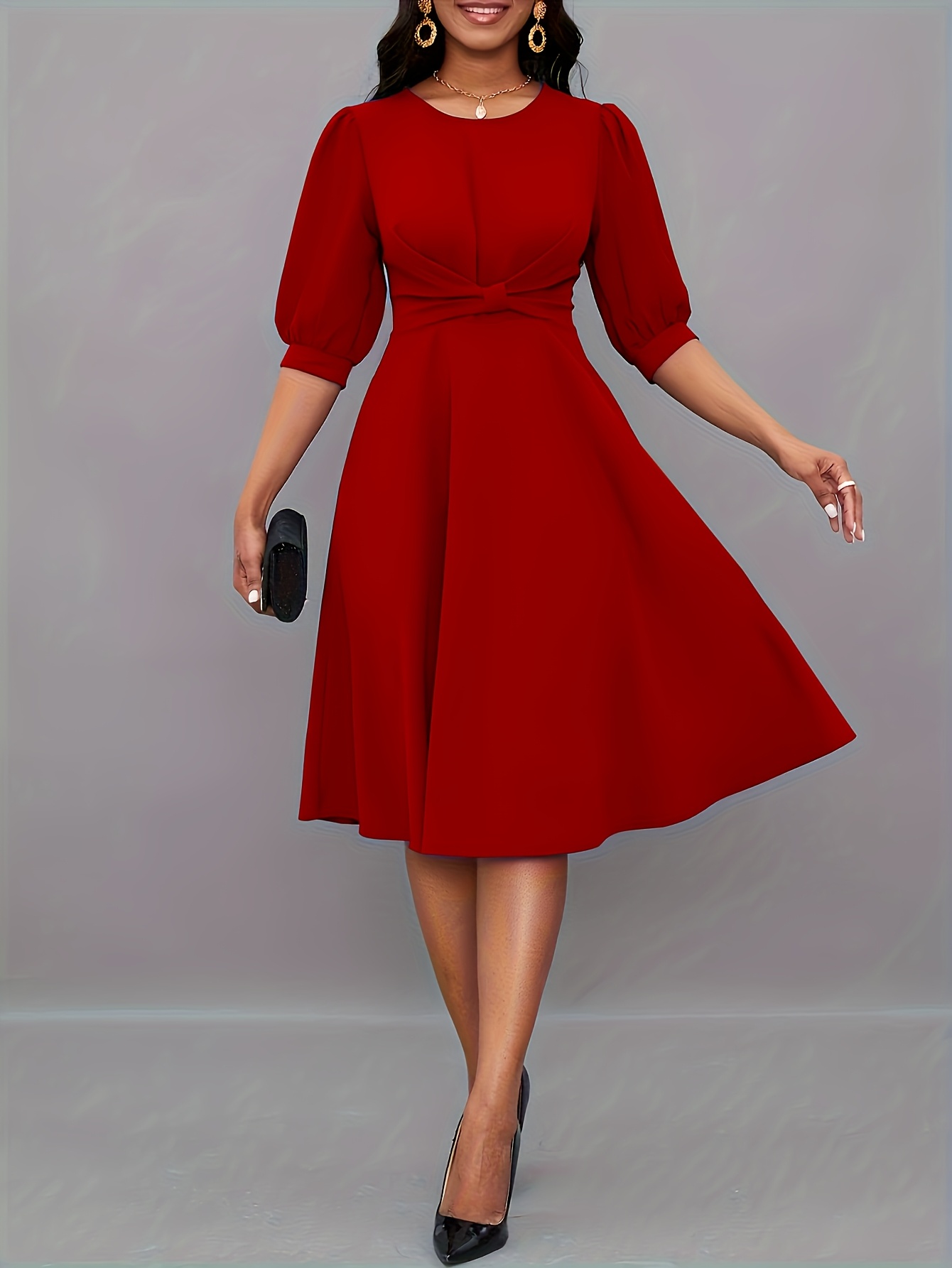 elegant womens red twist waist puff sleeve dress machine - Temu