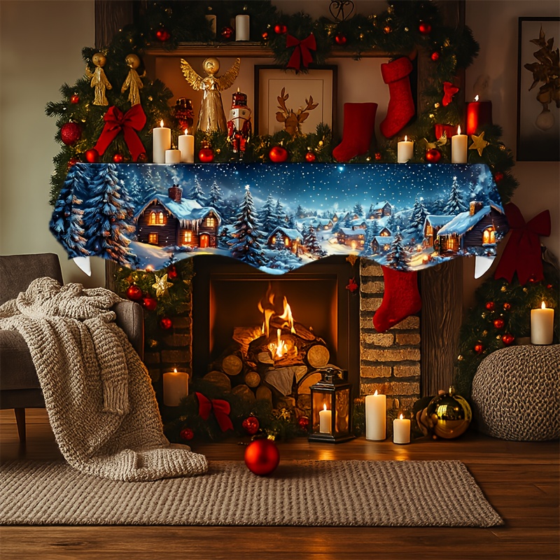 TEMU 1pc Christmas Fireplace Mantel Scarf, Christmas Village Snow Trees Stars Joy Fireplace Scarf Cover, 78.7x19.6 Inches, Living Room Kitchen Mantel