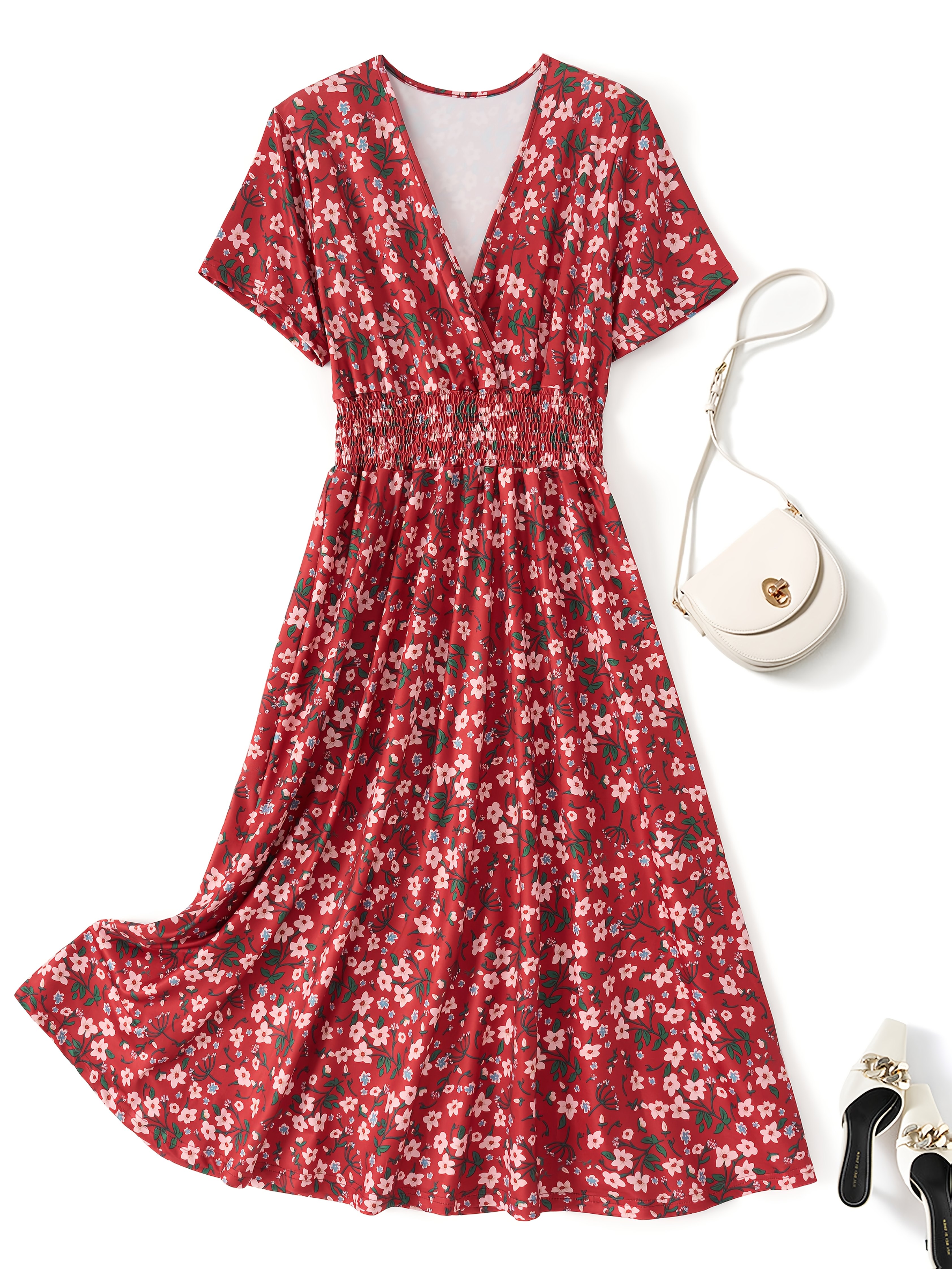 dresses floral casual 2019 womens print v neck short sleeve midi dress The perfect dress that Color:Sage White Flower Blue floral BestCouture Beach Wedding Dresses |