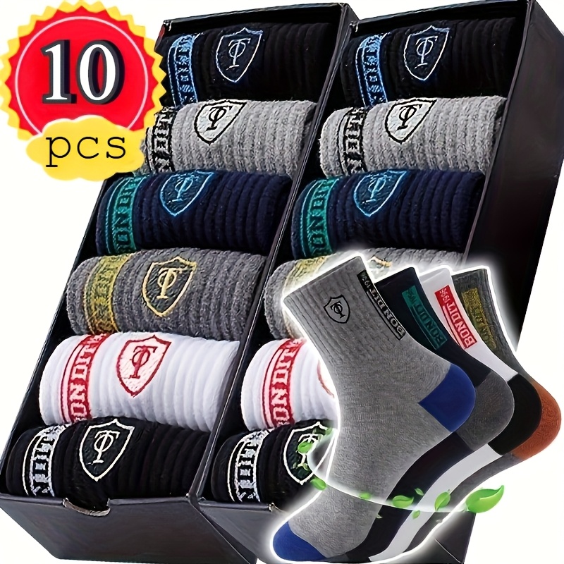 10pcs/5 Pairs Men's All-Season Sports Socks, Comfortable Breathable Thick Warm Socks for Autumn and Winter