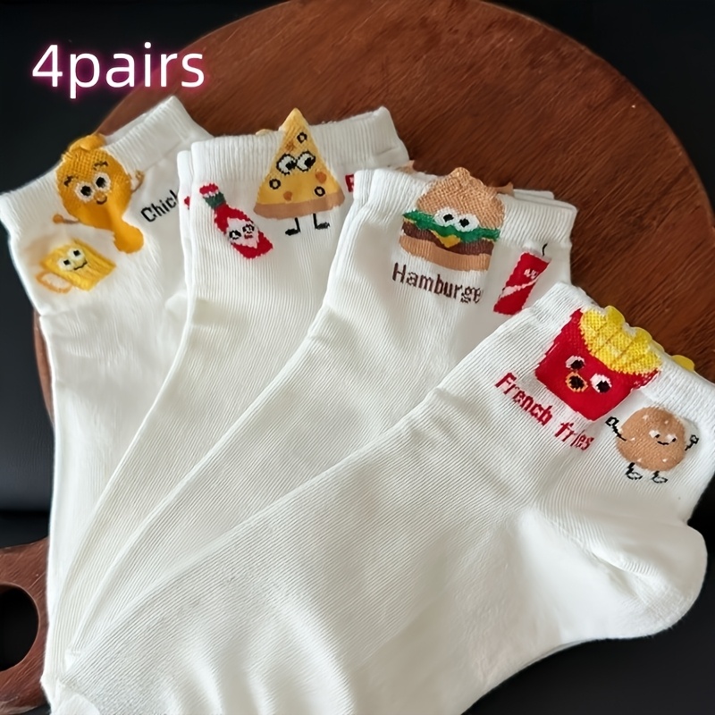 E-shop 4er-Pack Mädchen Süße Hamburger & Käse Pommes Socken mit Pommes & Käse Charakteren - Kurze Knöchelsocken - Maschinenwaschbar Bequeme Socken