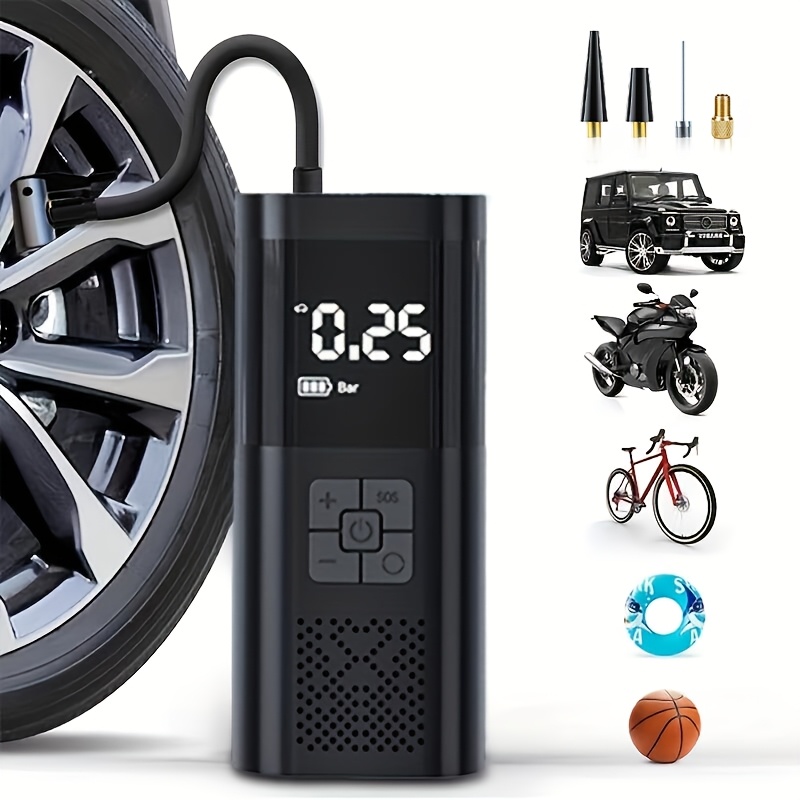 TEMU Pompa ad aria portatile per pneumatici auto, compressore d'aria wireless portatile, gonfiatore ad potenza. Permette una gonfiaggio e fornito con