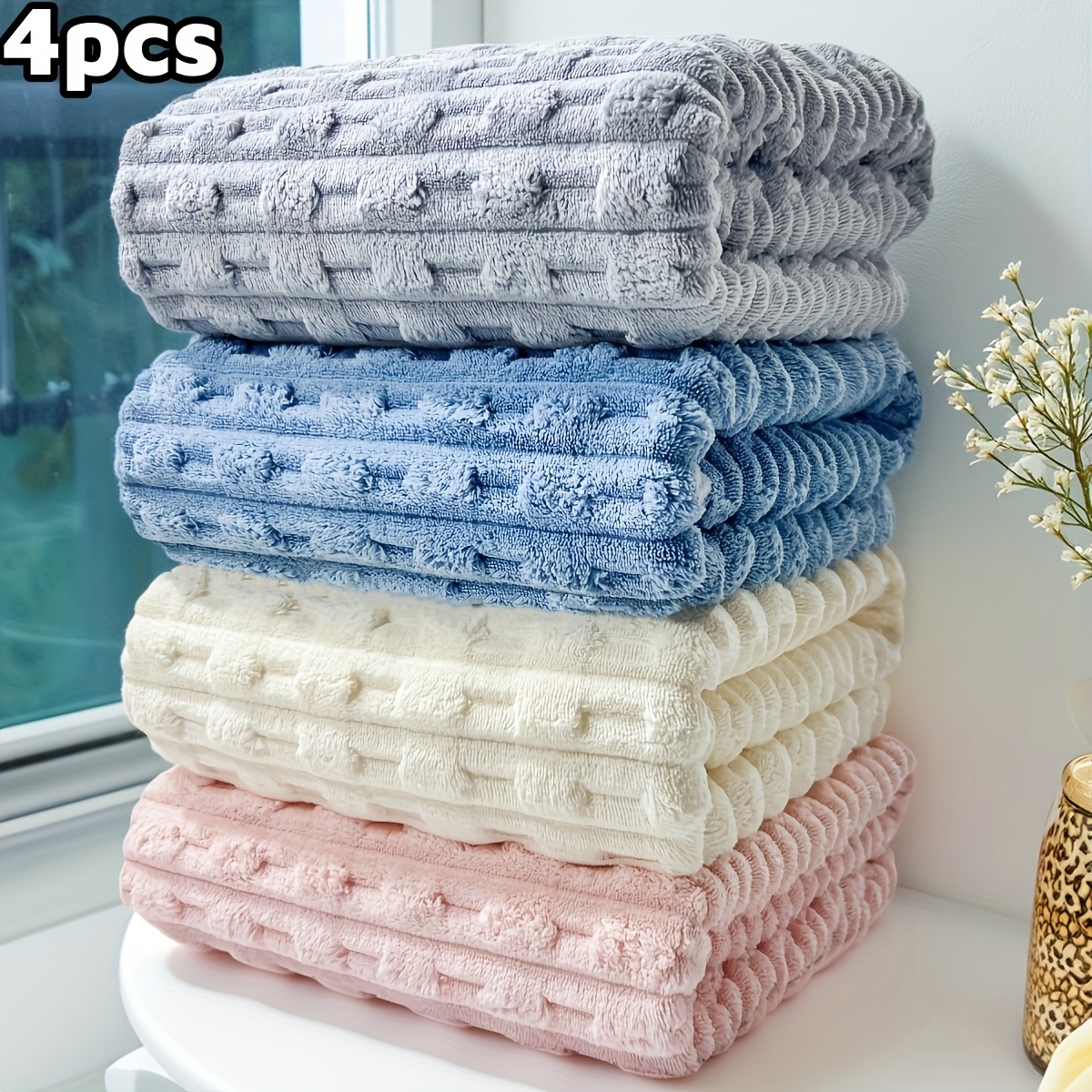 TEMU Juego de 4 toallas de baño de felpa coral, 70 x 140 cm/27.5 x 55.1 pulgadas, con borde enrollado. Las toallas de baño se ven mejor y absorben